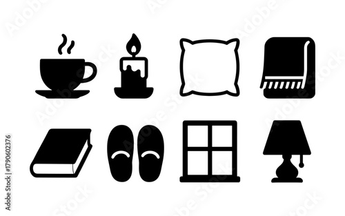 Cozy home essentials in simple black icons for relaxation and comfort themes