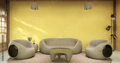 yellow Mini sofa armchair on interior design modern living room Japanese style.3D rendering