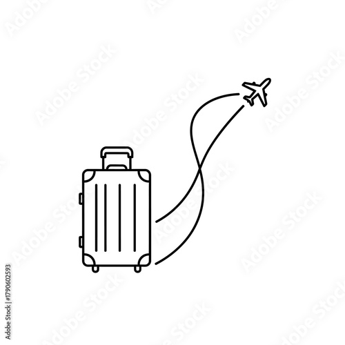 Minimalist black line art illustration of a wheeled travel suitcase and a small airplane with a curved flight path.