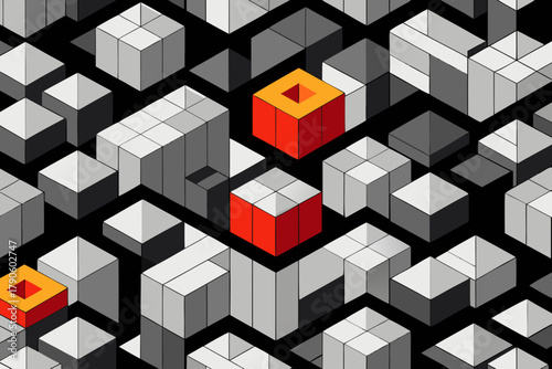 Abstract Isometric Cubes In Red And Orange On Black Background geometric