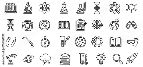 Science and Technology Line Icons Representing Diverse Fields of Scientific Inquiry and Technological Advancement Ideal for Illustrating Research Experimentation and Innovation across Various