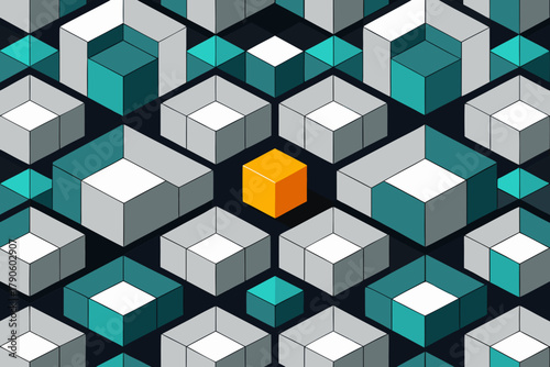 Geometric Isometric Pattern with Teal and Orange Cubes on Dark Background abstract