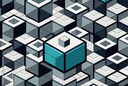 Isometric abstract pattern of grey and white cubes with one prominent teal cube geometric