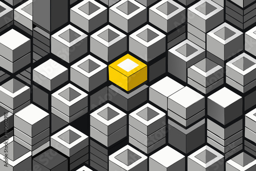 Isometric arrangement of grey and white cubes with a single bright yellow cube abstract pattern