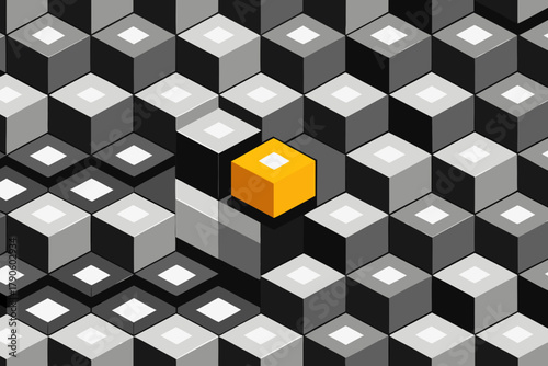 Isometric Grid of Cubes with One Orange Cube Standing Out abstract background