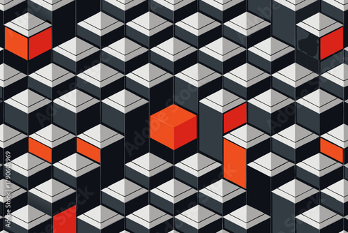 Repeating isometric pattern of grey and white cubes with scattered orange cubes abstract geometric