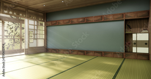 Tatami mat floor on Empty blue room Japanese tropical style. 3D rendering
