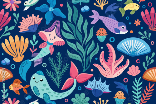 Playful Underwater Creatures And Coral In A Deep Blue Sea ocean marine life