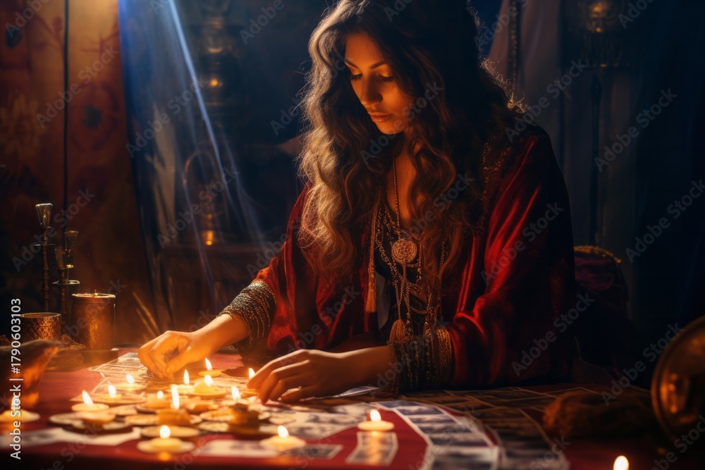 Fototapeta premium Mysterious woman with long hair dressed in a flowing red robe, engaged in tarot card reading surrounded by candles and mystical decor, creating an enchanting atmosphere of divination