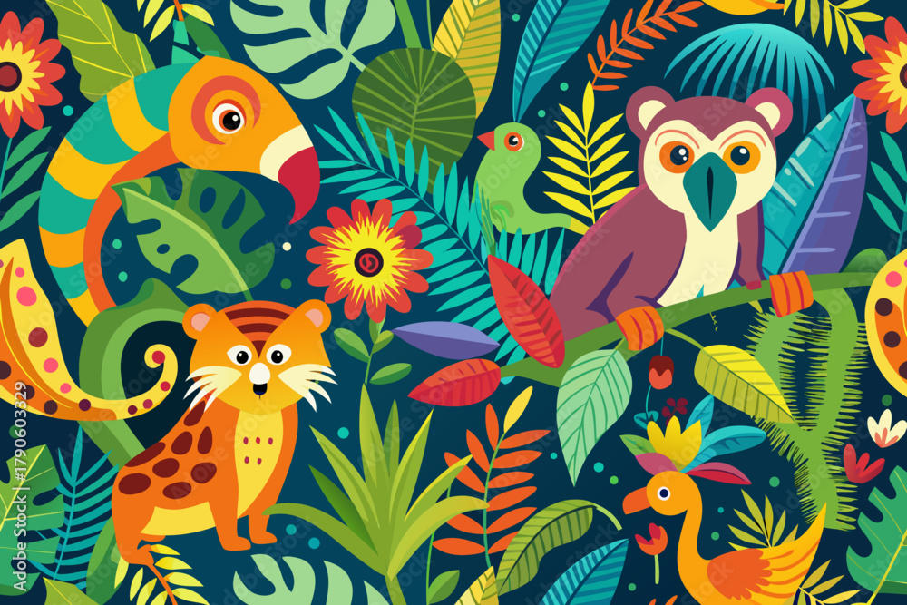 Fototapeta premium Whimsical Jungle Animals and Tropical Foliage Pattern vector illustration