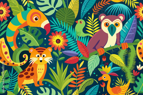 Whimsical Jungle Animals and Tropical Foliage Pattern vector illustration