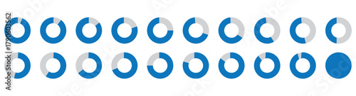 Percentage number icon set vector illustration featuring segmented blue radial pie charts displaying progress from 0% to 100%, perfect for data visualization, infographics, and loading indicators.