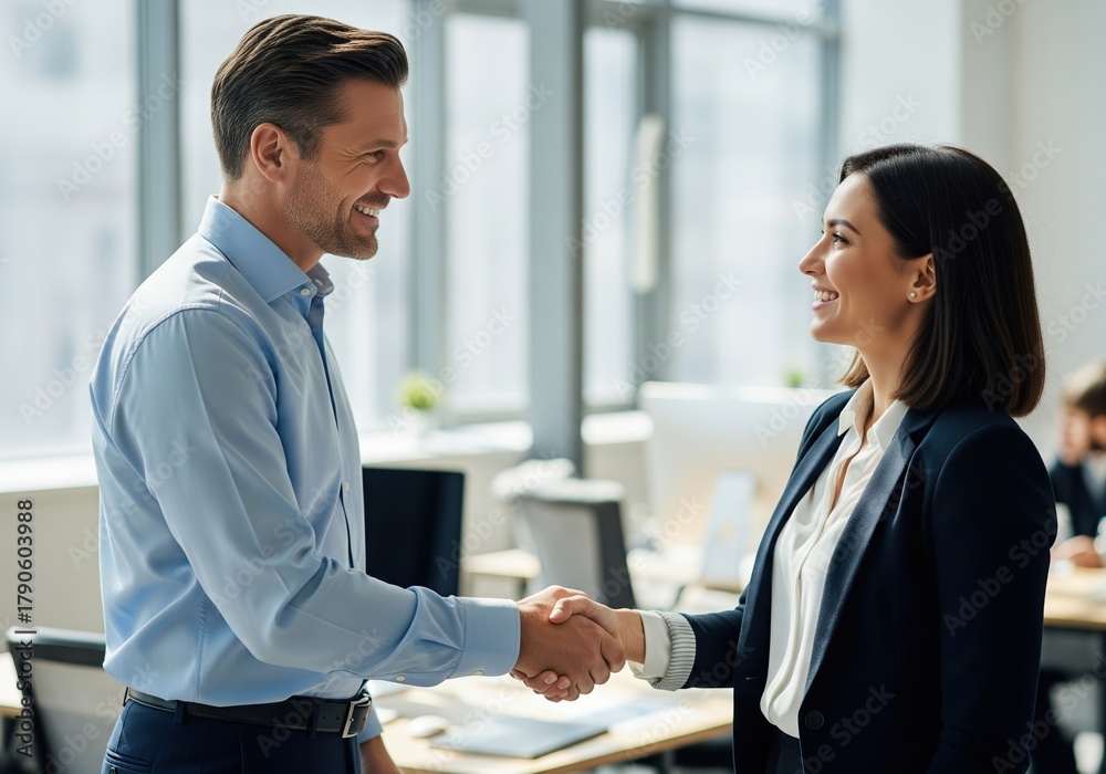 Fototapeta premium Business handshake between male and female colleagues in office