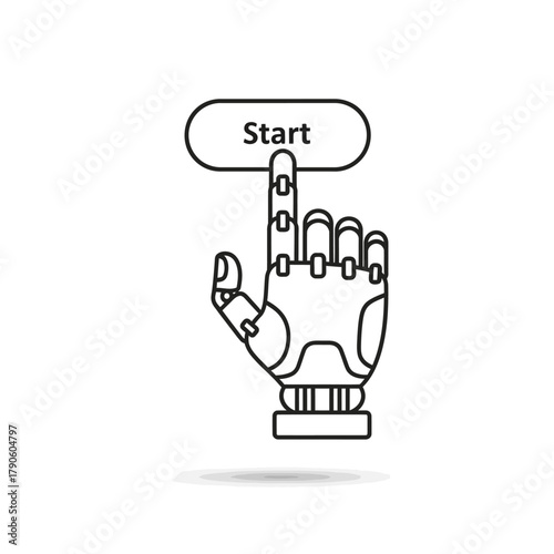 Outline mechanical robotic hand with segmented fingers pressing a Start button, line art style.