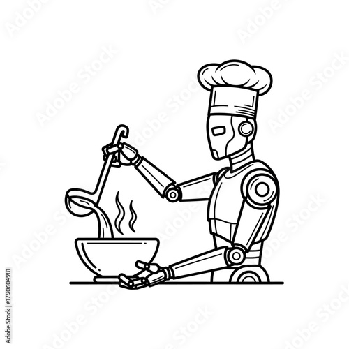 Robot Chef Stirring Soup with Ladle, Wearing Chefs Hat, Line Art.