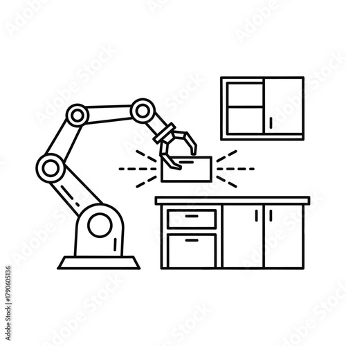 Robotic Arm Assembling Furniture, Linear Style, Modern Design, Automation, Precision, Efficiency.