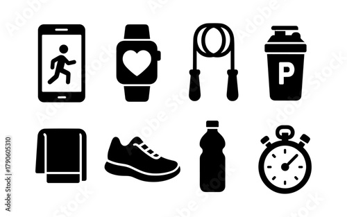 Fitness icon set: health and exercise essentials in solid black style