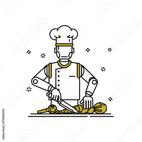 Robotic Chef Preparing Food with Knife, Wearing Chefs Hat and Uniform.