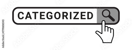 Search banner in word categorized with hand over magnifier icon on white background.