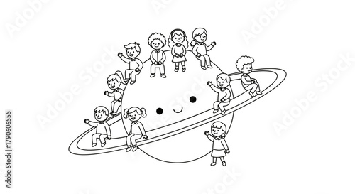 Cute saturn planet with kids illustration for education space