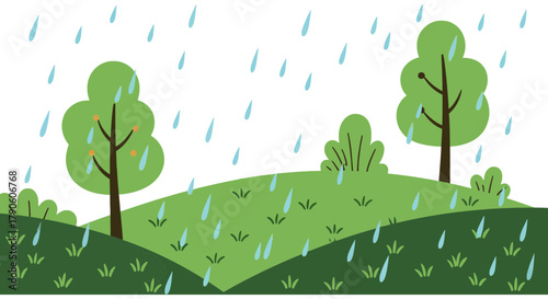 Cartoon rainy weather landscape with trees and green hills art