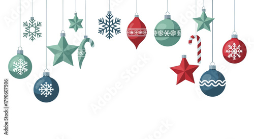 Flat vector Christmas foliage composition backdrop, soft green tones with red accents, white background. christmas balls on white background 