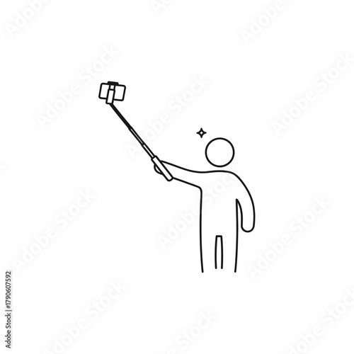 Stick Figure Taking Selfie with Phone on Selfie Stick, Minimalist Outline.