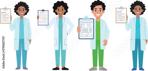 Smiling doctor holding medical report clipboard illustration, professional healthcare worker cartoon character wearing blue scrubs and white coat isolated vector