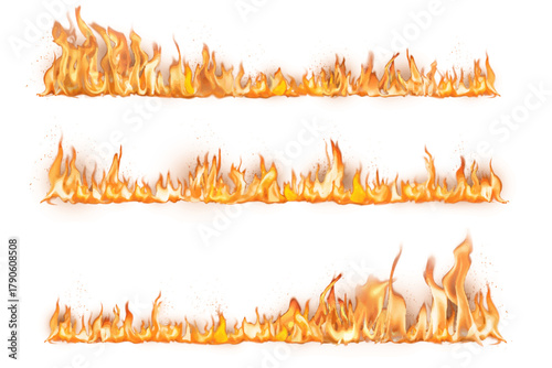 Burning flame border sticker, realistic fire image vector collection