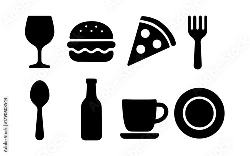 Bold silhouette icons of popular food and drink items in black and white
