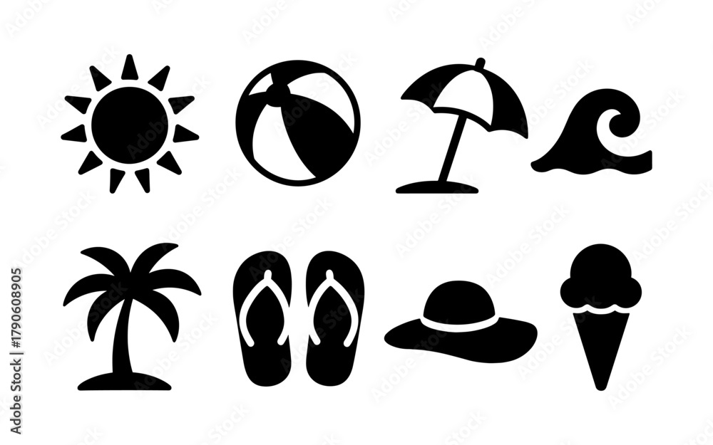 Fototapeta premium Summer icons set: beach gear and symbols in bold black silhouette style