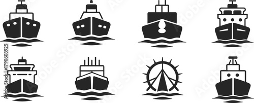 Collection of eight black ship icons on white background boat vessel