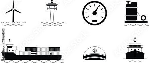 Collection of nautical and industrial icons including ship and wind turbine offshore