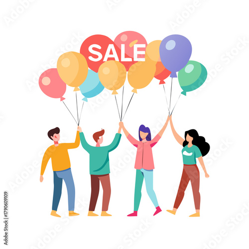 Group of excited shoppers holding balloons with “SALE” written on them.