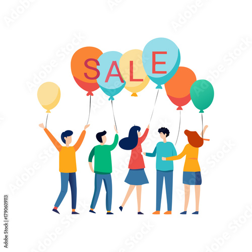 Group of excited shoppers holding balloons with “SALE” written on them.