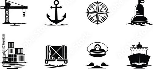 Nautical and industrial icons crane anchor compass buoy shipping containers captain hat ship