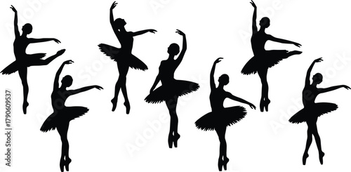 Seven black silhouettes of ballerinas in various ballet poses dancer dance