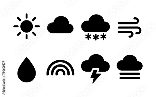 Weather icons collection: sun, cloud, rain, and more in solid style