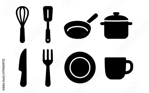 Essential kitchenware icons in silhouette style for modern culinary design