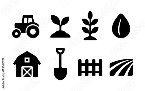 Silhouette farm icons: tractor, barn, plants, and tools collection for agriculture themes
