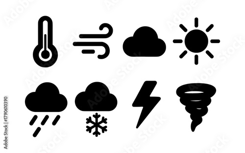 Weather icons set: thermometer, wind, clouds, sun, rain, snow, lightning, tornado symbols in silhouette style