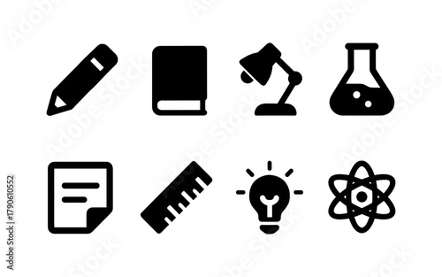 Education and science black icons set featuring pencil, book, lamp, beaker, and more