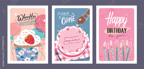 Set of lovely birthday cards design with cakes, balloons and candles.

