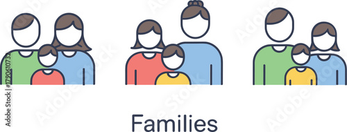 Three stylized family groups with parents and children icons people