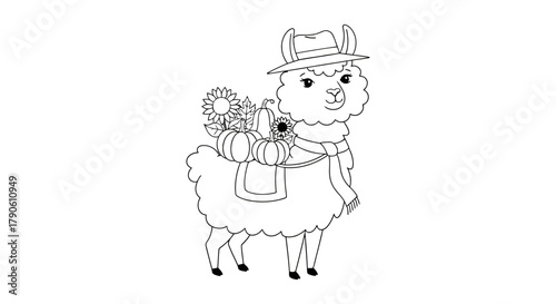 Cute llama with fall pumpkins and sunflowers cartoon illustration