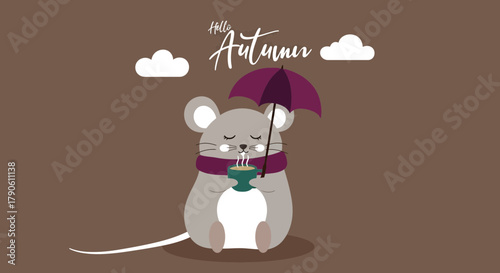 Cute autumn mouse with umbrella and coffee fall season image