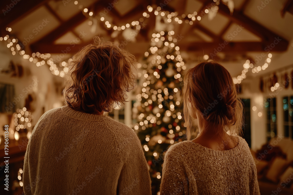Fototapeta premium Famille décorant le sapin de Noël dans un salon chaleureux, ambiance festive et lumineuse avant les fêtes de fin d’année