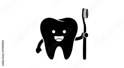 Cartoon tooth with toothbrush dental care and oral hygiene art