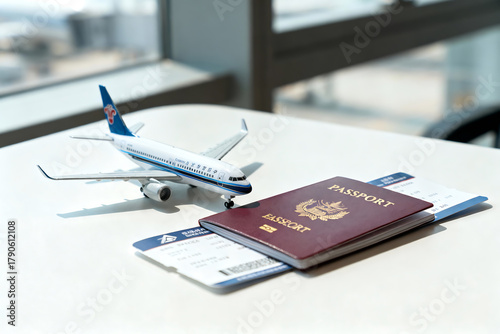  Passport and airplane model with tickets on table