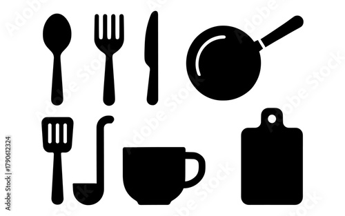 Essential kitchen utensils silhouette collection for cooking and dining